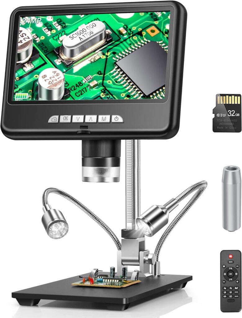 2K LCD Digital Microscope 1200X, Dcorn 7 24MP HDMI Microscope, Soldering Coin Microscope with Lights, Extension Tube  32GB Card Included, Coin Magnifier with Light