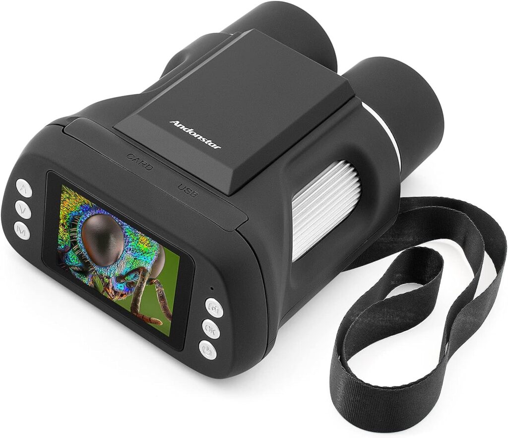 Andonstar AD122 Kids MicroscopeTelescope Double Lens, Portable Handheld Microscope Binoculars, Digital CameraVideo Microscope Kit for Kids, 2 LCD Black, Windows/Mac Compatible, SD Card Included