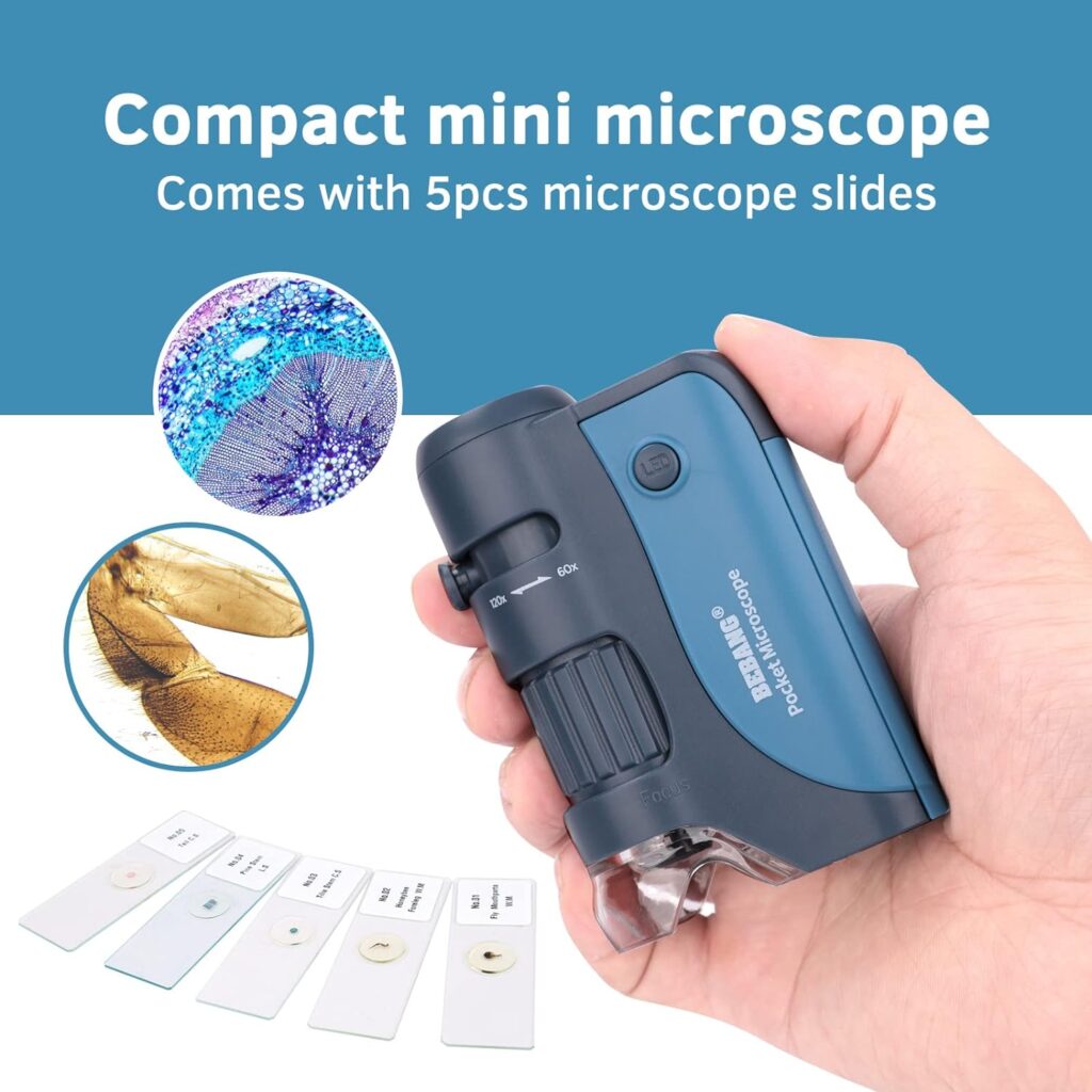 BEBANG Pocket Microscope, 60x-120x Handheld Mini Microscope with LED Lights, 5 Slides Specimens, Portable Microscope for Kids Students Adults Microbiological Observation Lab Study, Educational Kit