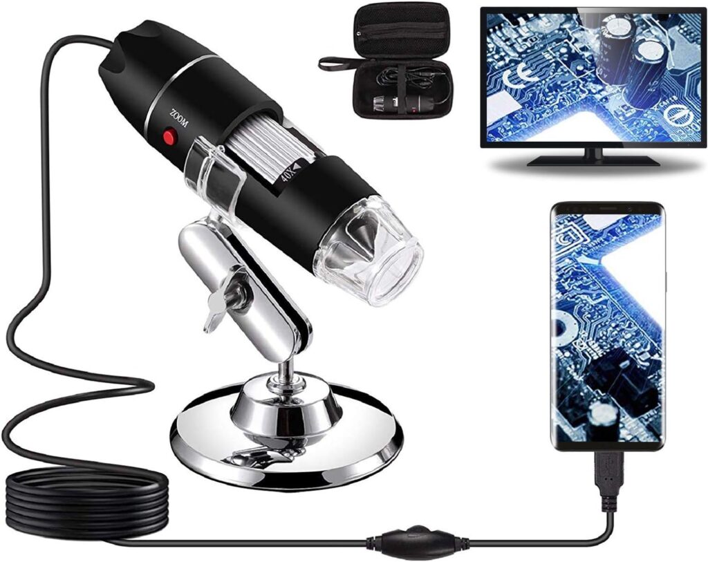 Bysameyee USB Digital Microscope 40X to 1000X, 8 LED Magnification Endoscope Camera with Carrying Case  Metal Stand, Compatible for Android Windows 7 8 10 11 Linux Mac