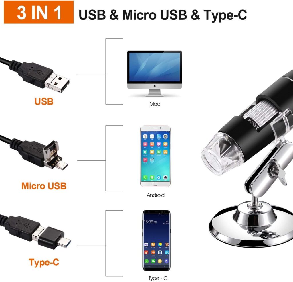 Bysameyee USB Digital Microscope 40X to 1000X, 8 LED Magnification Endoscope Camera with Carrying Case  Metal Stand, Compatible for Android Windows 7 8 10 11 Linux Mac