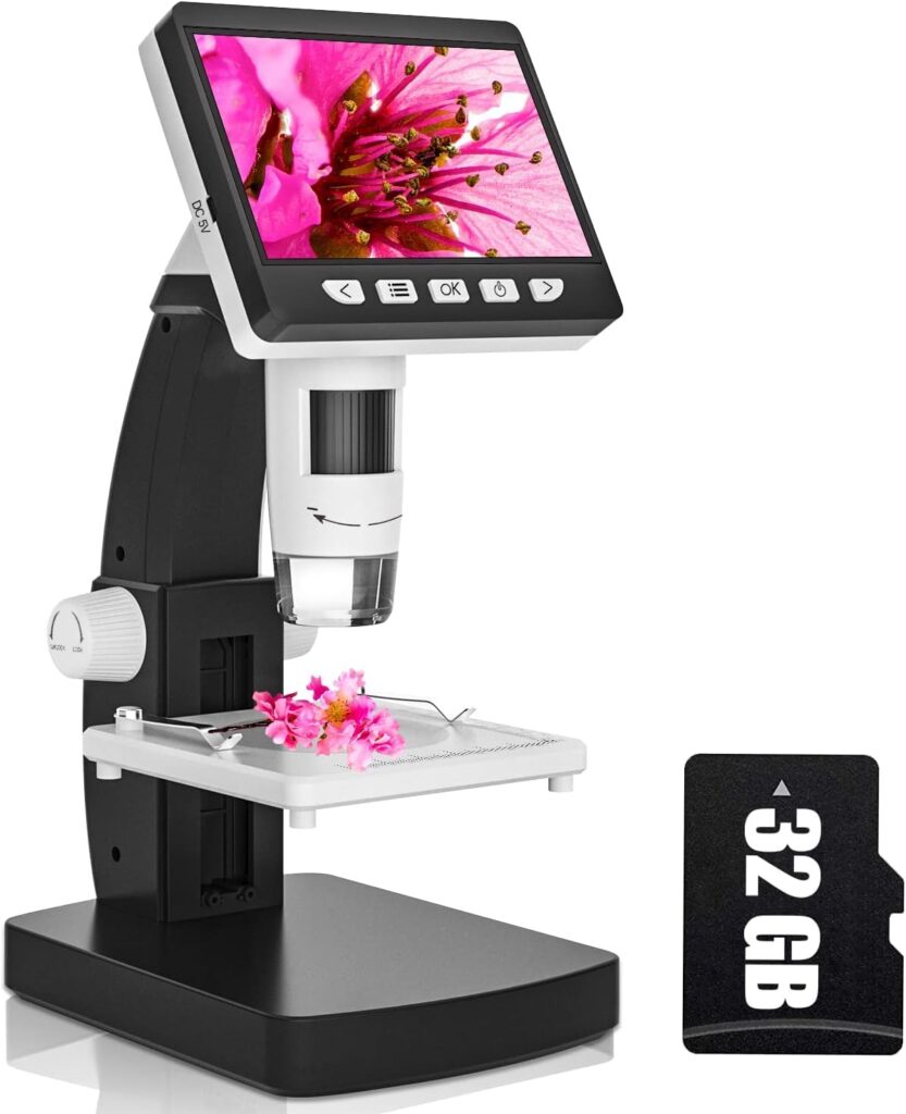 CIMELR LCD Digital Microscope, 4.3 inch Coin Microscope 50X-1000X USB Soldering Microscope for Adults/Kids - Plastic Stand, 8 LED Lights, Compatible with Windows/Mac OS, 32GB TF Card Included…