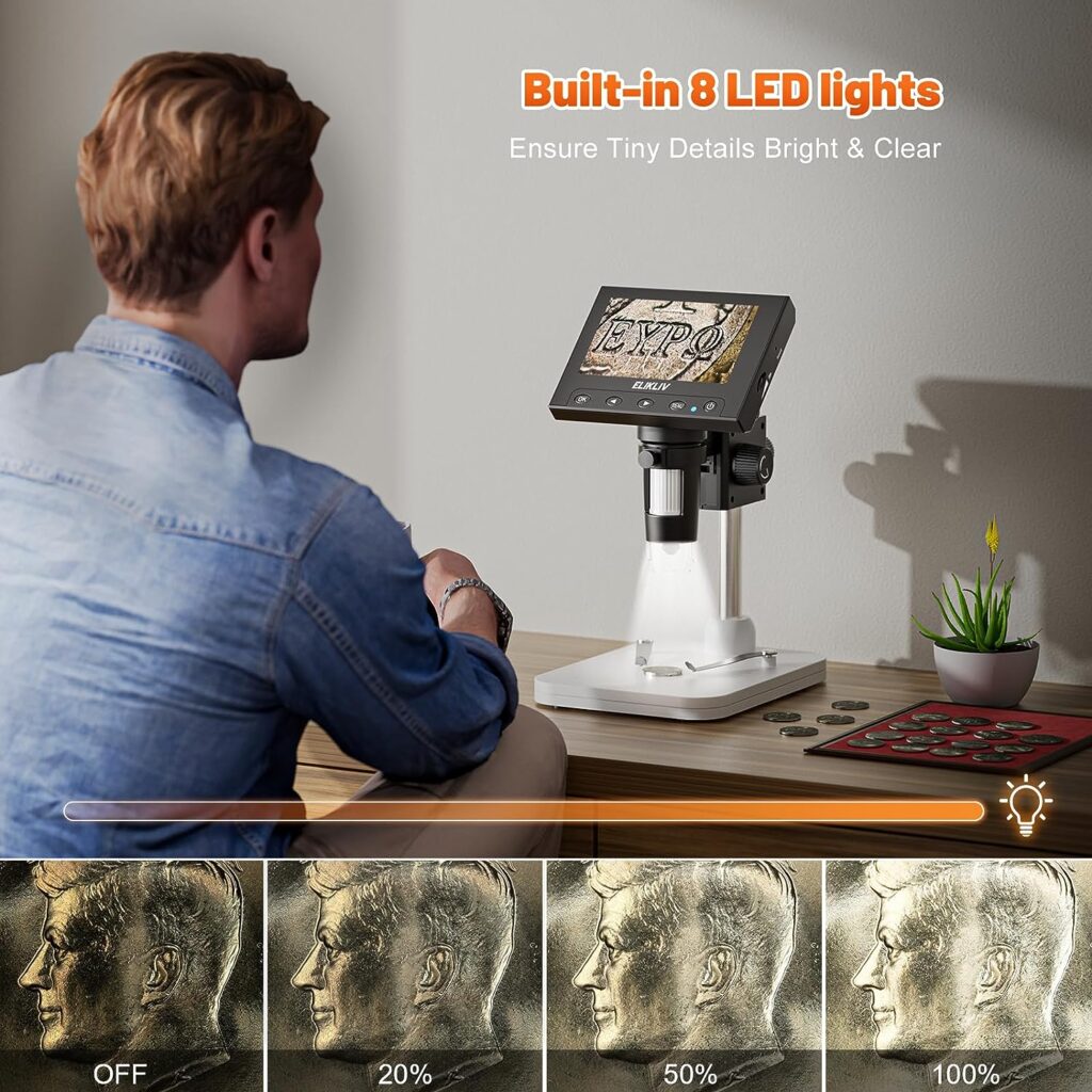 Elikliv EDM4 4.3 Coin Microscope, LCD Digital Microscope 1000x, Coin Magnifier with 8 Adjustable LED Lights, PC View, Windows Compatible(Black)