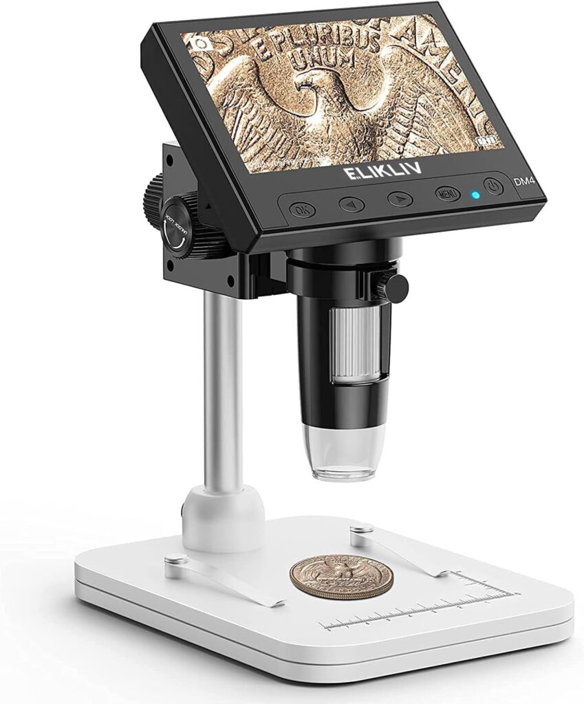 Elikliv EDM4 4.3 Coin Microscope, LCD Digital Microscope 1000x, Coin Magnifier with 8 Adjustable LED Lights, PC View, Windows Compatible(Black)