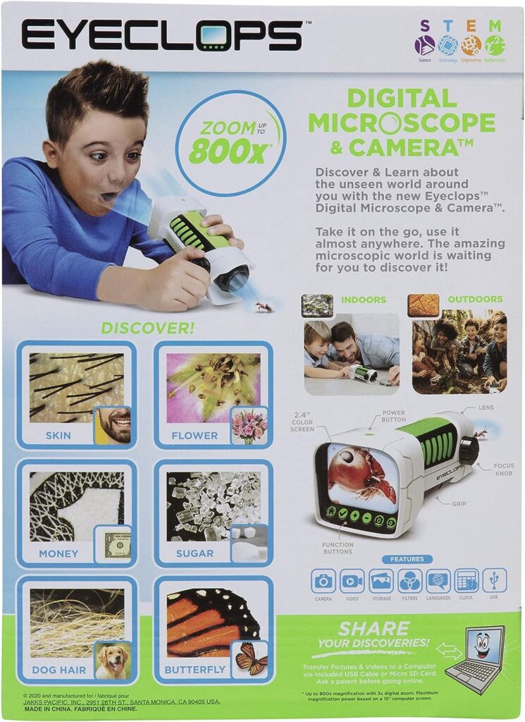 EyeClops Digital Microscope  Camera with Built in Color Screen -800X Zoom- Wireless - Use Indoors  Outdoors- Take Pictures  Video - Download to Windows PC  Mac – STEM