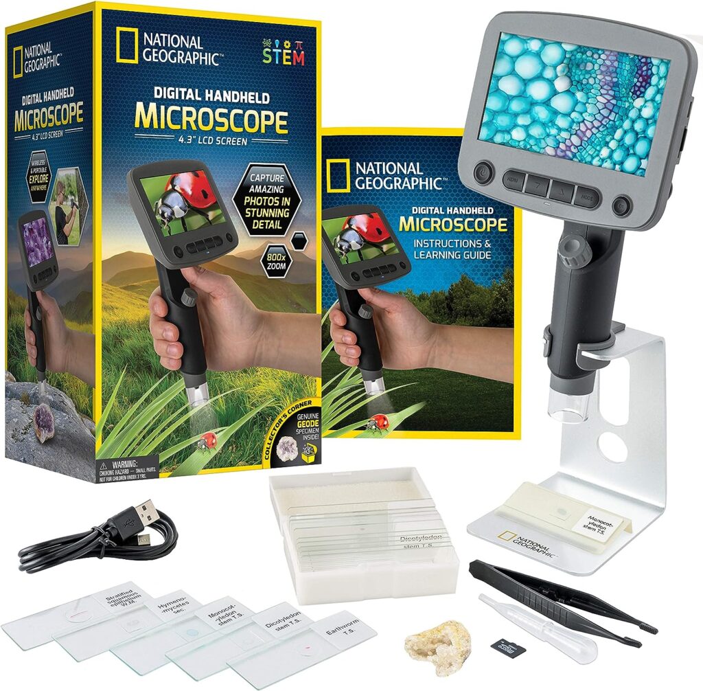 NATIONAL GEOGRAPHIC Digital Microscope for Kids – 40-Piece Handheld Microscope, Lightweight, Portable, Capture 1080p Photos  Video on Micro SD Card, Tilting 4.3-Inch LCD Screen, 800x Magnification