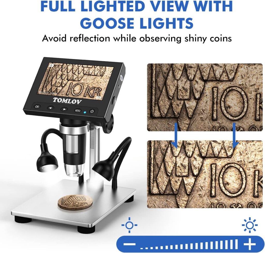 TOMLOV 1000X Error Coin Microscope with 4.3 LCD Screen, USB Digital Microscope with LED Fill Lights, Metal Stand, PC View, Photo/Video, SD Card Included, Windows Compatible, Model- DM4S