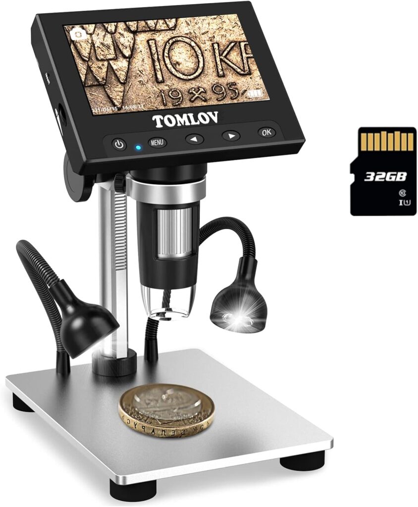 TOMLOV 1000X Error Coin Microscope with 4.3 LCD Screen, USB Digital Microscope with LED Fill Lights, Metal Stand, PC View, Photo/Video, SD Card Included, Windows Compatible, Model- DM4S