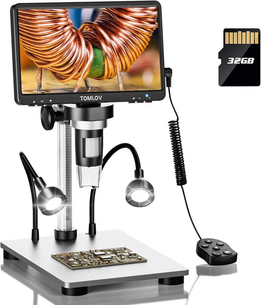 TOMLOV DM9 7 LCD Digital Microscope 1200X, 1080P Coin Microscope Magnifier, 12MP Ultra-Precise Focusing Soldering Microscope for Adult, PC View, 32GB