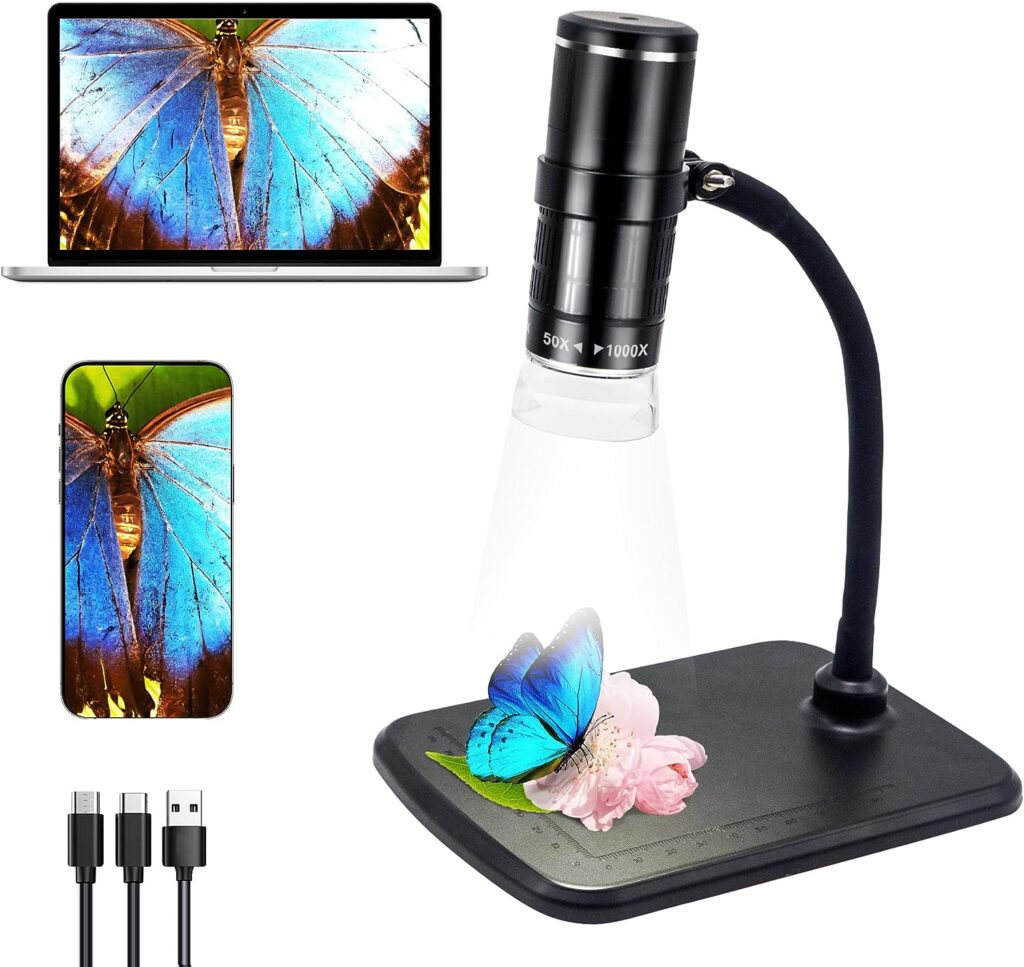 USB Digital Microscope 50x-1000x Magnification with Flexible Adjustable Bracket and 8 Adjustable LED Lights, Compatible with Windows, Mac and Android,Portable Microscope Camera for Kids