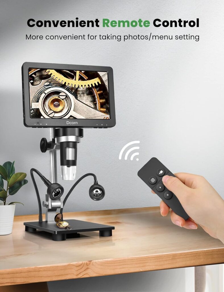 7 Digital Microscope 1200X,Dcorn 12MP 1080P Photo/Video Microscope with 32GB TF Card for Adults Soldering Coins,Metal Stand,Wired Remote,10 LED Fill Lights,PC View,Windows/Mac Compatible