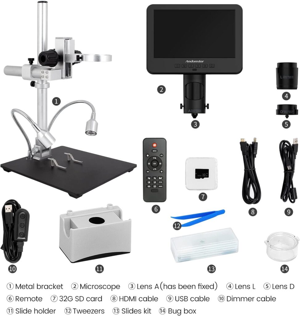 Andonstar AD246S-M HDMI Digital Microscope 2000x for Adults, 3 Lens 2160P UHD Video Record, 7 Inch LCD Soldering Microscope, Coin Microscope, Biological Microscope Kit, Windows Compatible