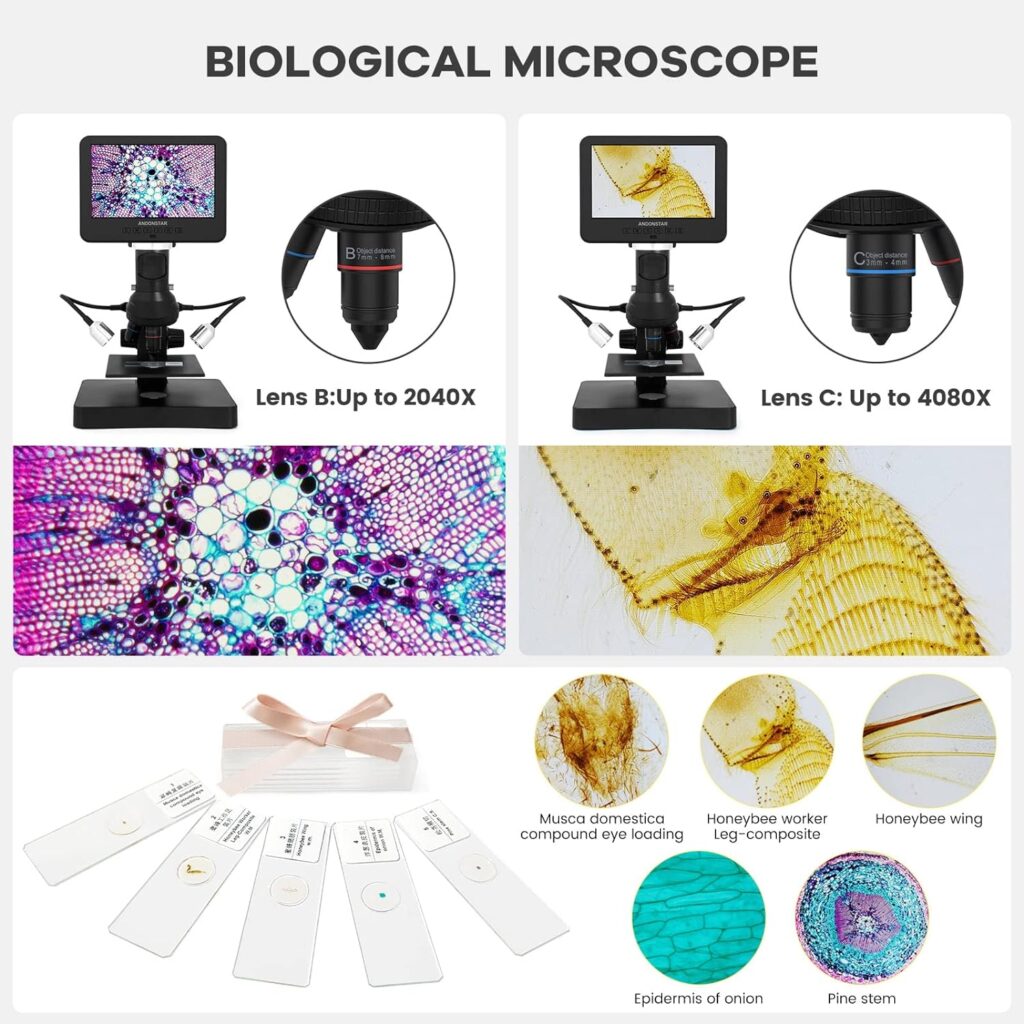 Andonstar AD246S-P HDMI Digital Microscope with 7 Screen, 4000x 3 Lens 2160P UHD Video Record, Coin Microscope for Error Coins, Biological Microscope Kit for Adults and Kids, Prepred Slides