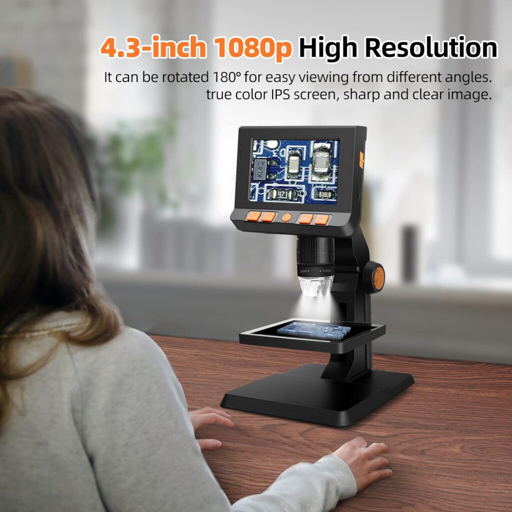 Digital Coin Microscope 4.3 inch Screen Handheld Microscope 1080p LCD Digital Microscope Video Camera 1000X Coin Magnifier with 8 Adjustable LED Lights for PCB Soldering for Adults/Kids Outside Use.