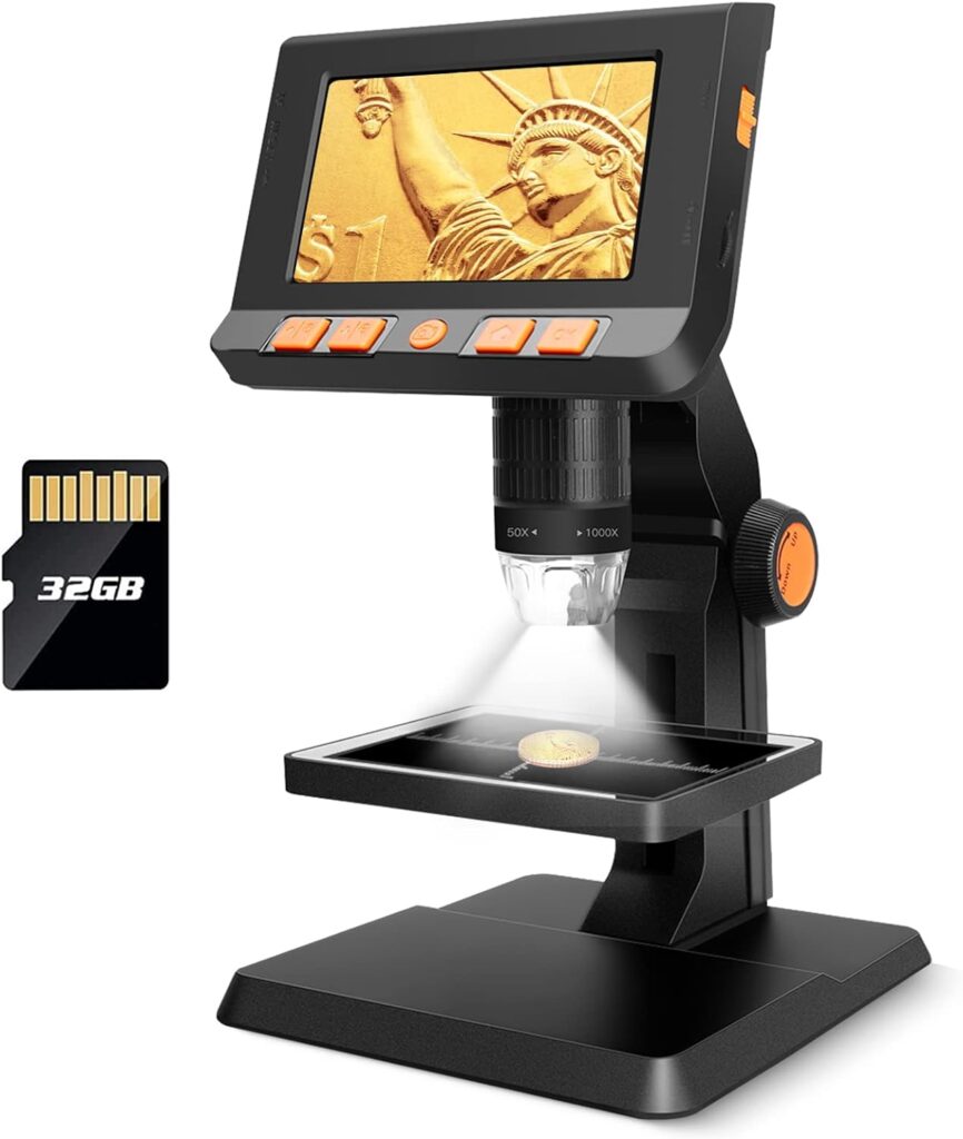 Digital Coin Microscope 4.3 inch Screen Handheld Microscope 1080p LCD Digital Microscope Video Camera 1000X Coin Magnifier with 8 Adjustable LED Lights for PCB Soldering for Adults/Kids Outside Use.