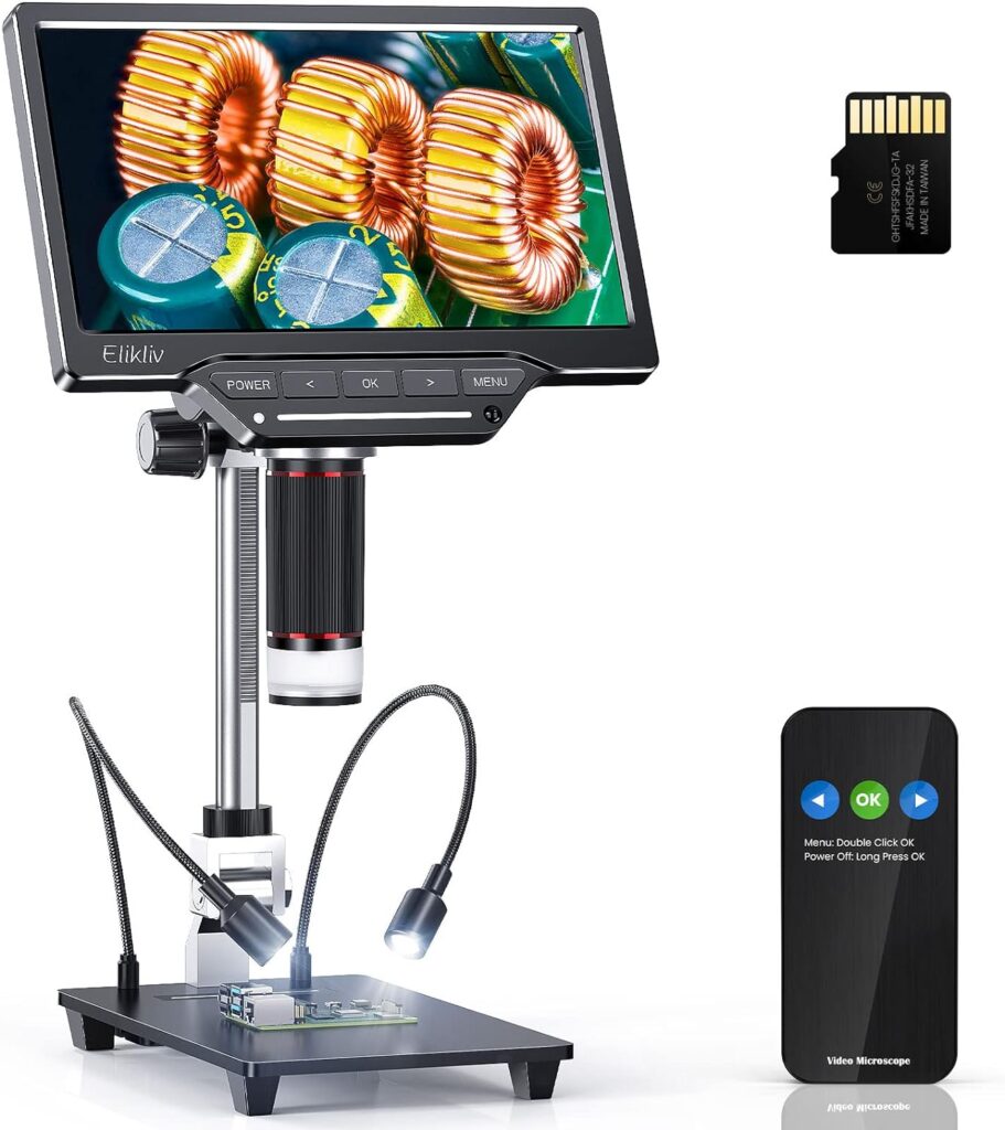 Elikliv EDM201 Pro HDMI Digital Microscope with 10 Inch Stand - 1300X Coin Microscope with Screen, 16MP Resolution, 7 IPS Display, 10 LEDs, TV/Windows/Mac Compatible