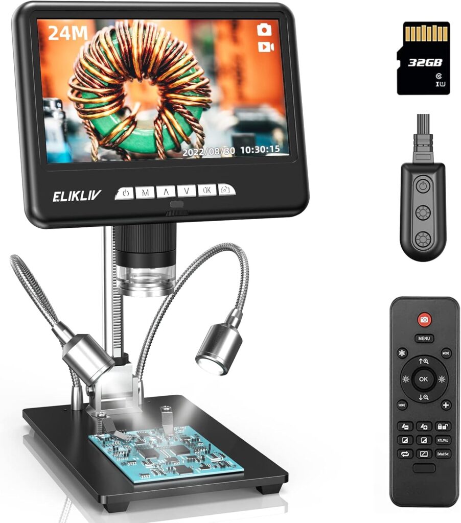 Elikliv EDM401 Max 2K Digital Microscope, 7 LCD Digital Microscope 1200x, 24MP Soldering Coin Microscopes, IPS Screen, 10 Stand, 10 LED Lights, Wireless Remote, PC/TV Compatible, 32GB