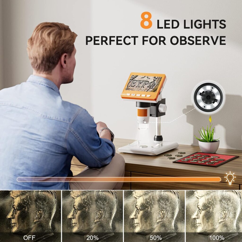 Elikliv Veno 4.3 Coin Microscope, LCD Digital Microscope 1000x, Coin Magnifier with 8 Adjustable LED Lights, PC View, Windows Compatible(Orange)