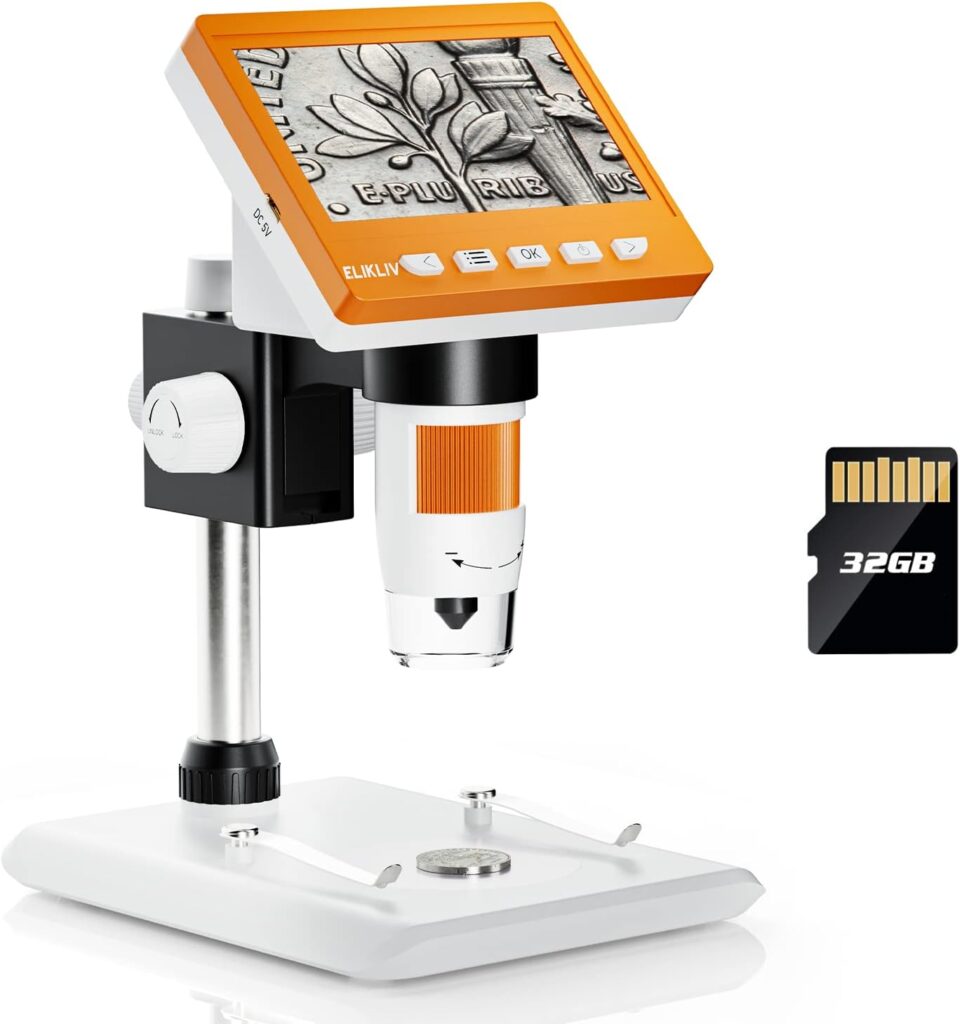 Elikliv Veno 4.3 Coin Microscope, LCD Digital Microscope 1000x, Coin Magnifier with 8 Adjustable LED Lights, PC View, Windows Compatible(Orange)