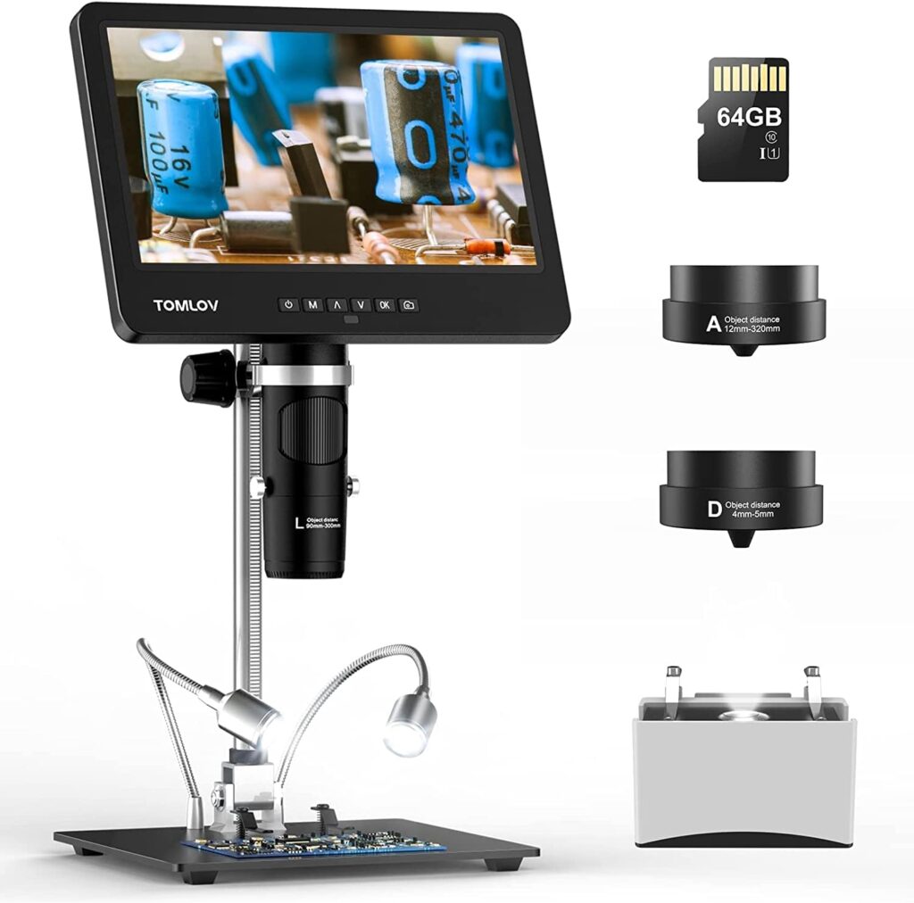 TOMLOV DM601 HDMI Digital Microscope for Adults, 3 Lens Soldering Microscope, Coin Microscope Full View, Upgraded 7 IPS Premium Screen, 2K Video Microscope Camera, Biological Microscope Kit, 64GB SD