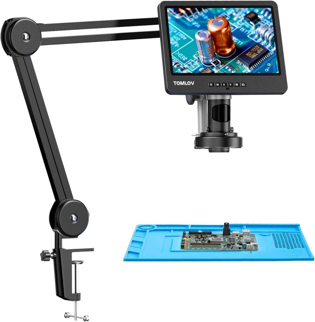 TOMLOV DM602 Flex Digital Soldering Microscope 2000x, Flexible Arm, 10.1 HDMI Microscope with 3 Lens, Coin Microscope with Ring Light, Adults LCD Video Microscope, Electronic Repair Mat Included,64GB