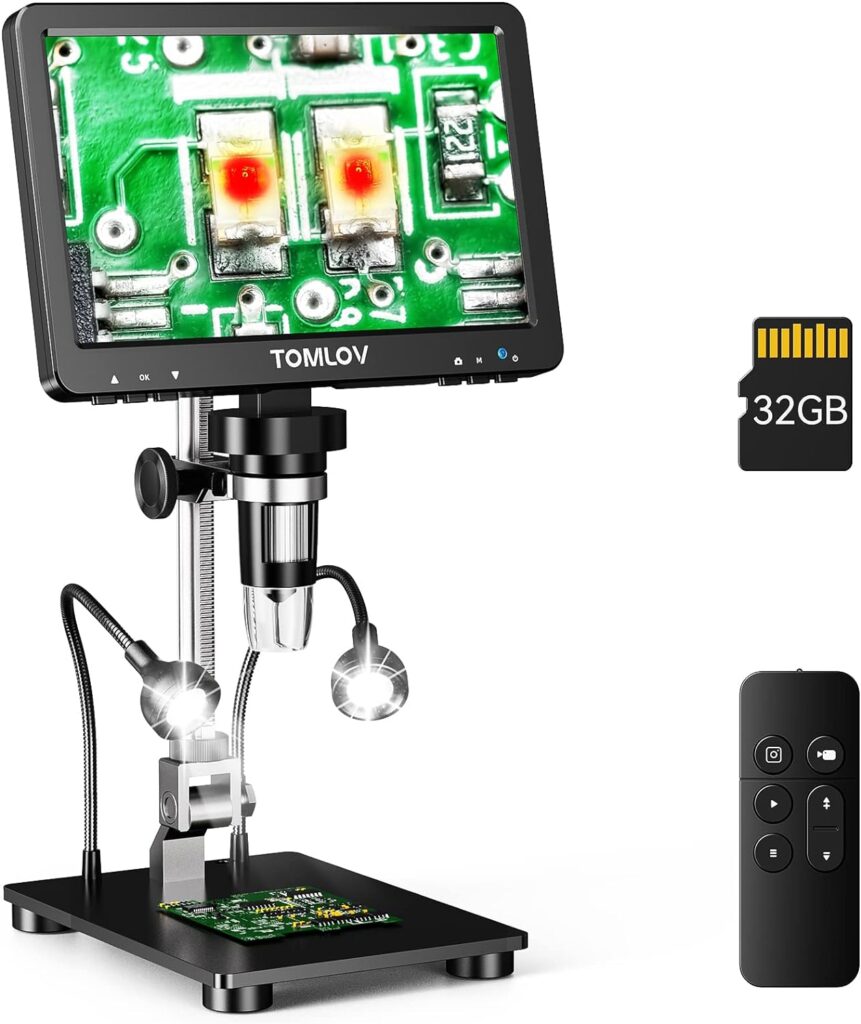 TOMLOV DM9 Pro 7 HDMI Digital Microscope 1200X with IPS Screen, 1080P 16MP Coin Microscope Magnifier for Entire Coin View, LCD Soldering Microscope for Adult, 10 LED Lights, PC/TV Compatible, 32GB